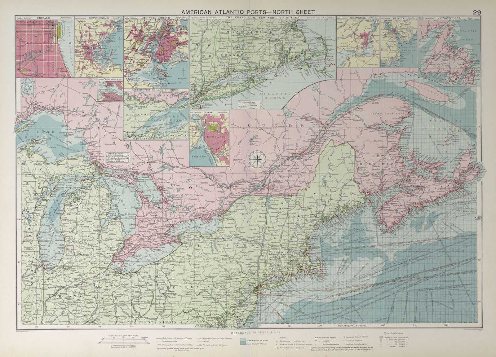 US Canada Atlantic & Great Lakes ports sea chart. Lighthouses &c LARGE 1927 map